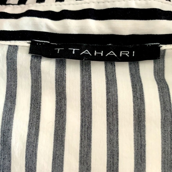 Tahari Black & White Striped Button Down Blouse. 3/4 Sleeves. High/Low. Size L - Picture 7 of 11